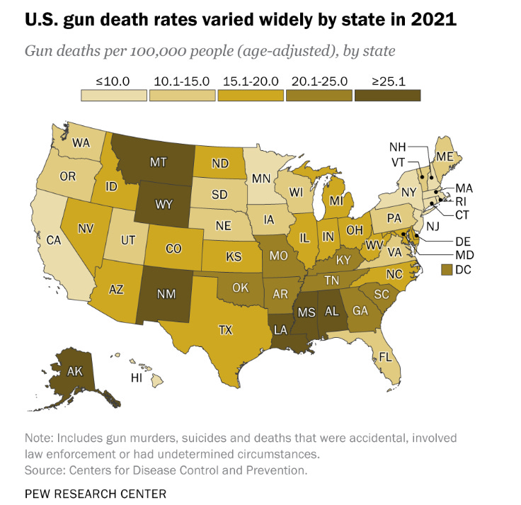 Mapa de Estados Unidos, muertes por arma de fuego por estado.