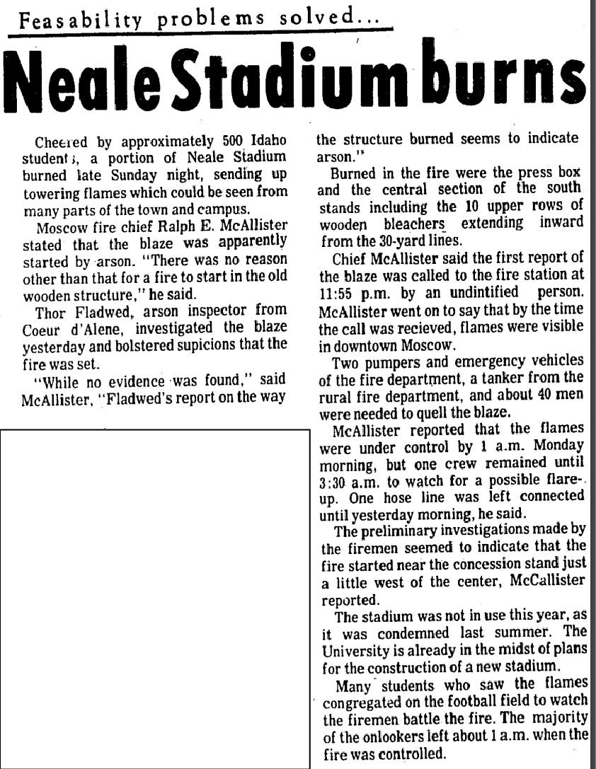 November 25, 1969 Idaho Argonaut story "Neale Stadium burns"