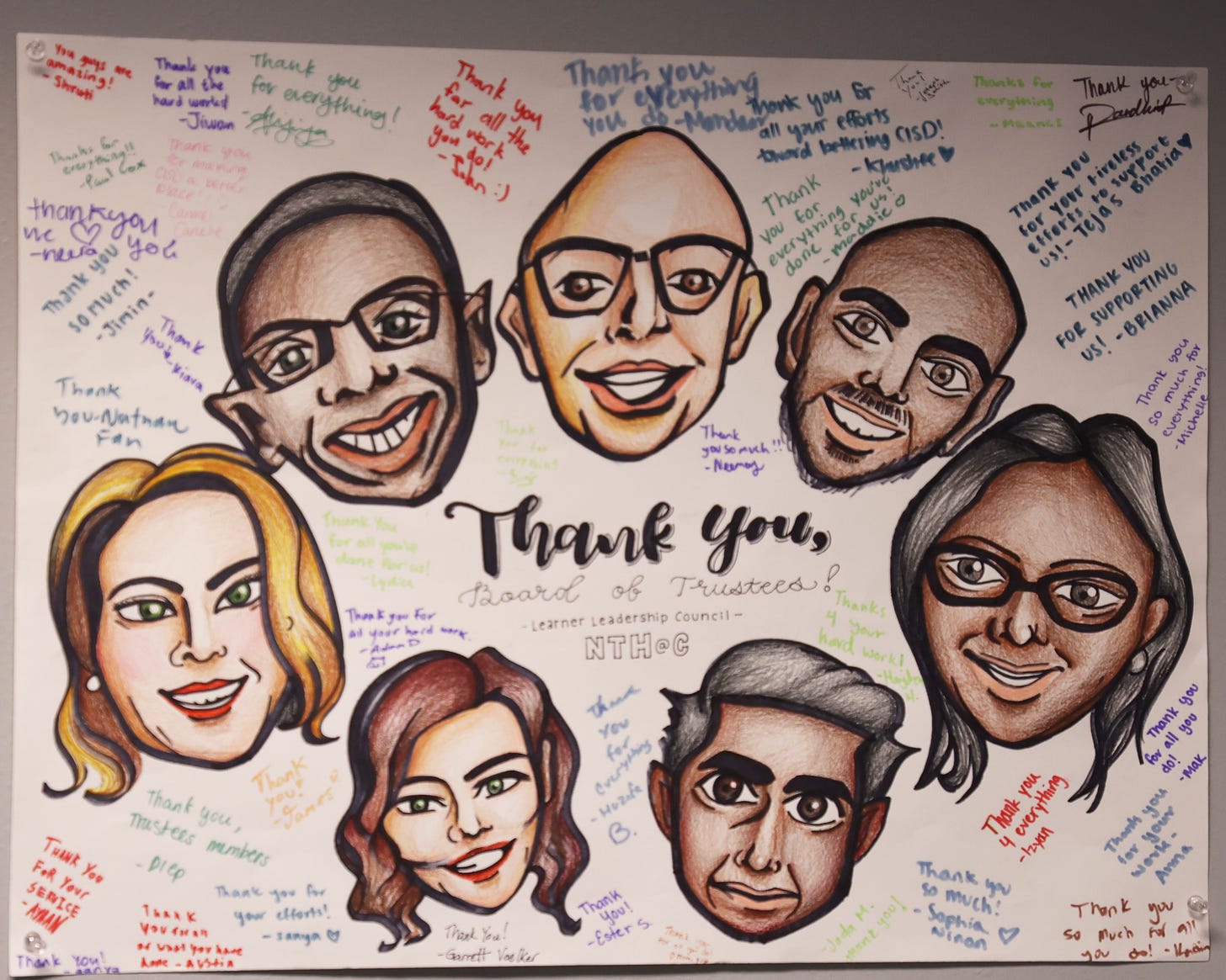 Caricatures of the seven Coppell ISD trustees surrounded by thank you messages from New Tech High students