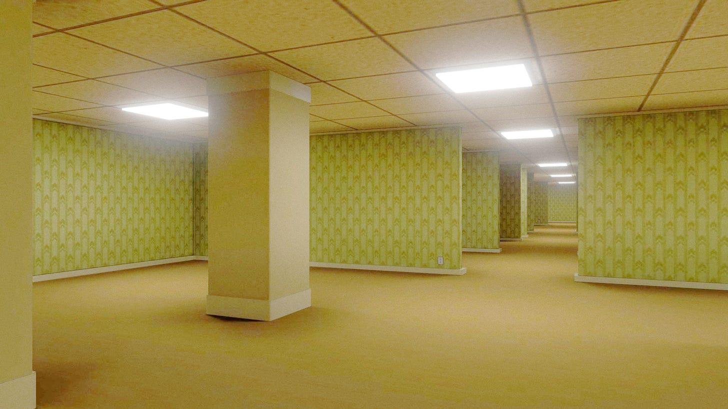 An image of the Backrooms. A large, open room with carpet, fluorescent lights and yellow wallpaper. A gap in the wall shows similar rooms extending without limits.