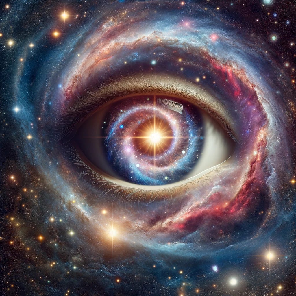 A vast cosmic scene where a single galaxy forms an open eye. The eye looks serene, with bright, radiant energy emanating from it. The galaxy is spiraled, glowing in various colors like blue, red, purple, and gold. The eye has an ethereal, almost translucent quality, with stars and nebulae visible within and around it. The backdrop is a deep, star-studded space, emphasizing the infinite scale of the universe.