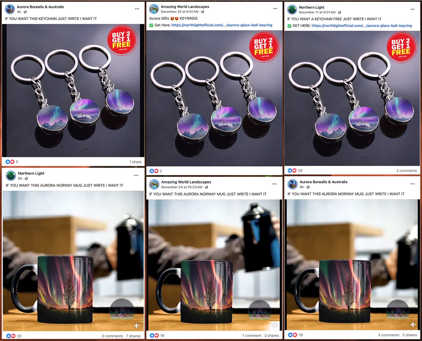 collage of Facebook posts advertising keychains and mugs with AI-generated aurora images on them