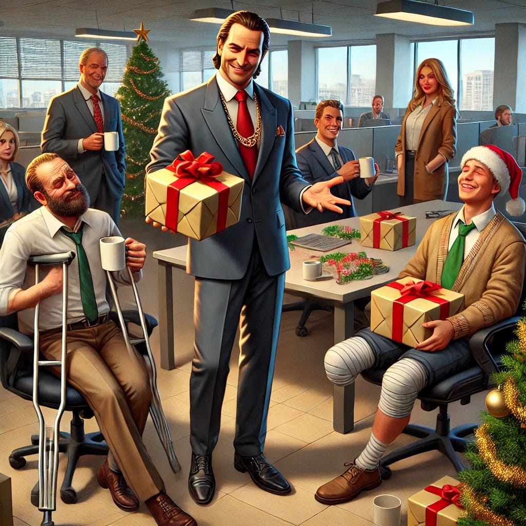 A sleazy corporate boss handing out holiday gifts to his employees in an office setting. The boss has a smug expression, slicked-back hair, wearing an expensive suit and flashy jewelry. He is giving out cheap-looking gifts, like mugs or pens, wrapped in plain, crinkled paper. Among the employees, one is on crutches and another is visibly pregnant, both dressed in business casual attire. The employees look unenthusiastic, with forced smiles, highlighting the awkward atmosphere. The office has minimal holiday decorations, like a small artificial Christmas tree and sparse tinsel. Realistic style, well-lit office, capturing the uncomfortable tension in the room.