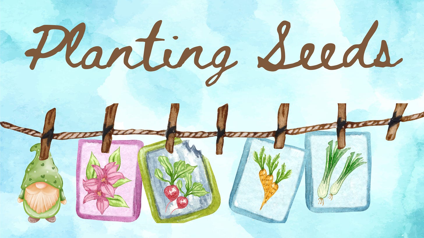 Planting Seeds | A watercolor image of seed packets and a gnome.