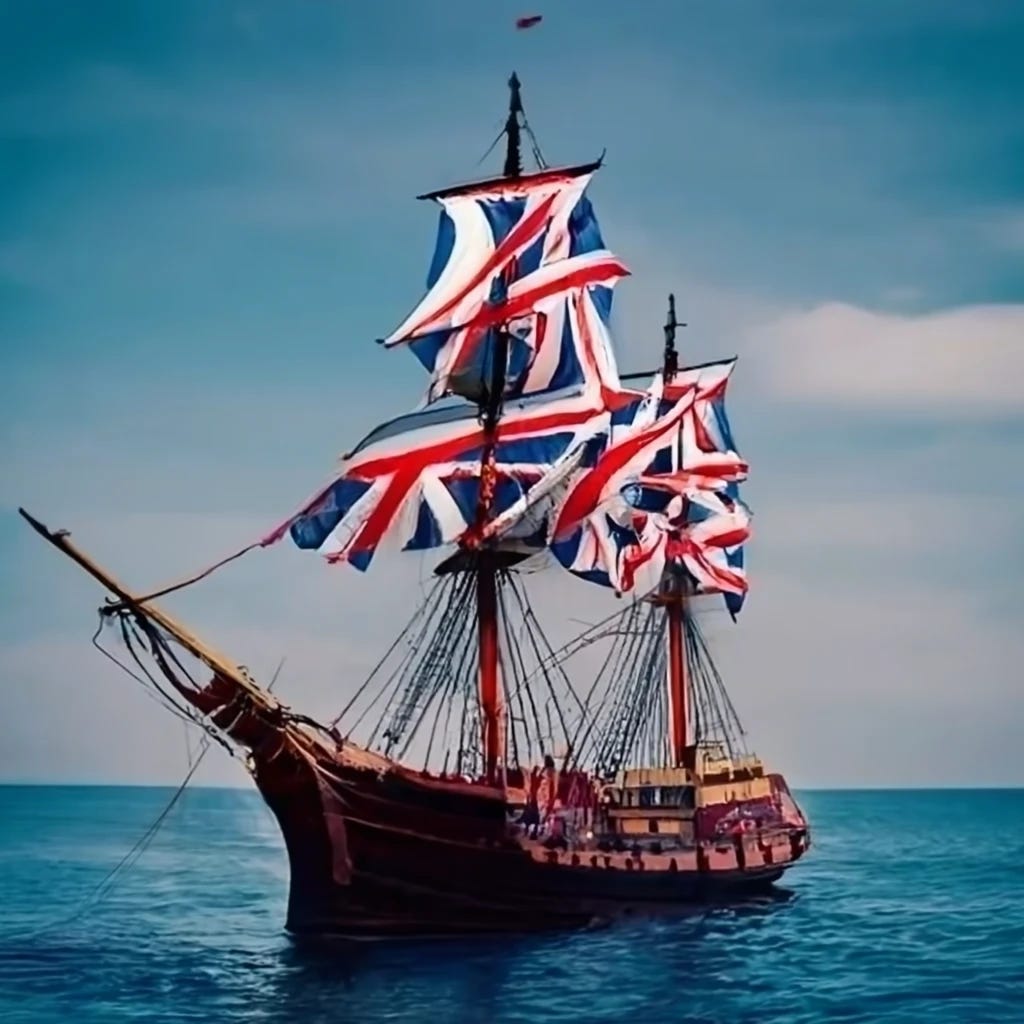 British sailing ship with Union Jack flag