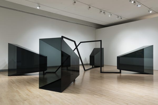 Painted steel, glass, painted aluminum, dry-erase marker; two units composed of one connector and two trapezoids: each 70 × 364 × 93 in. (177.8 × 924.6 × 236.2 cm).