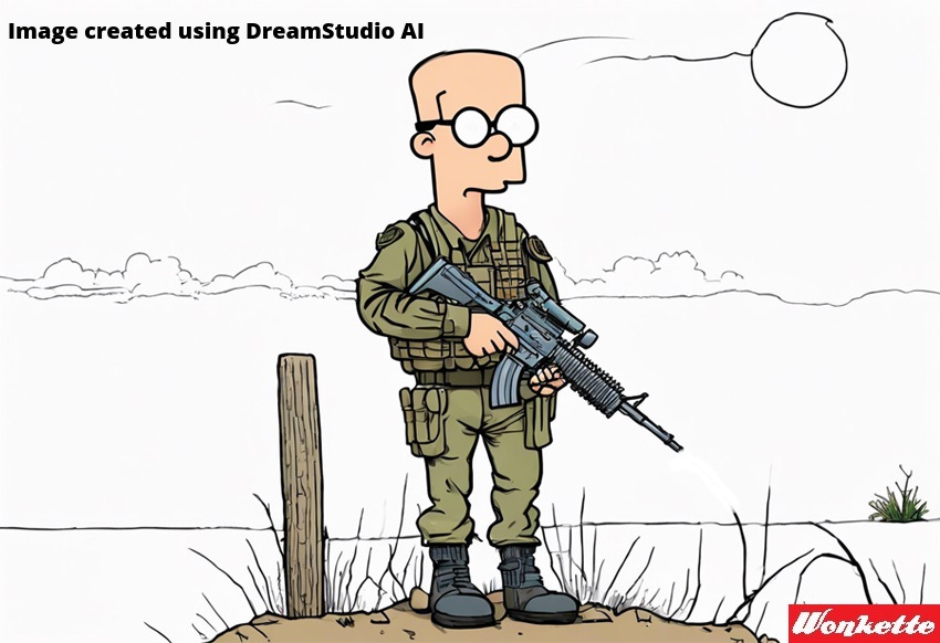 An AI-generated image of Dilbert, looking like a Simpsons character, in full militia outfit with AR-15