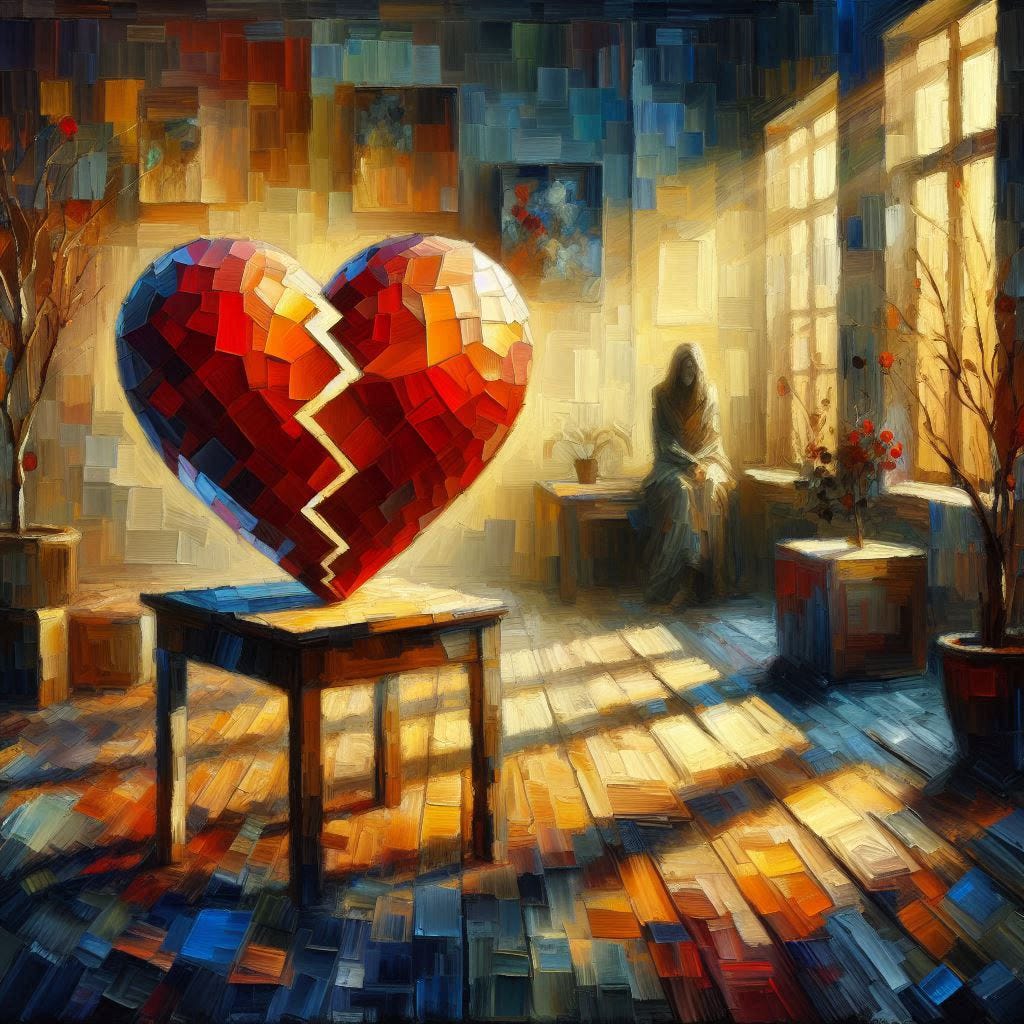 A BROKEN HEART IS ON DISPLAY ON A TABLE AND A LONELY LADY CAN BE SEEN IN THE BACKGROUND