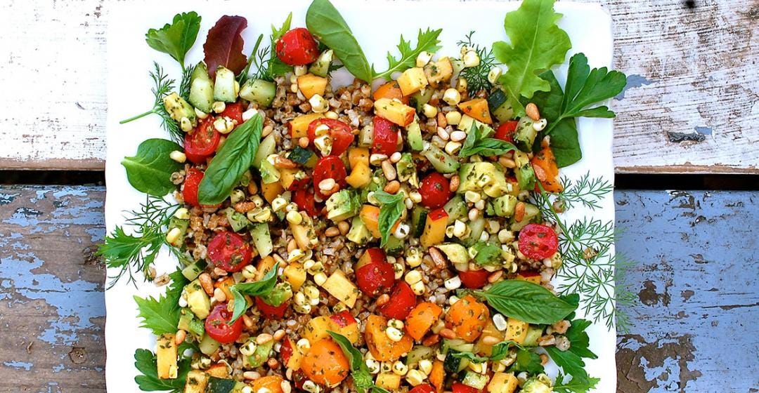 Summer Grain Salad with Tomatoes, Basil, Corn, and Nectarines; Cook the Vineyard