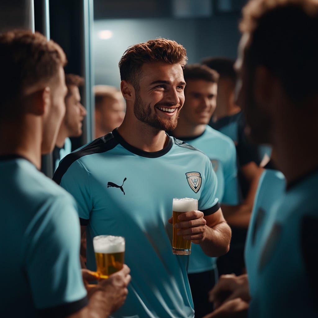 Male athletes celebrating with beers in the locker room after a game. 