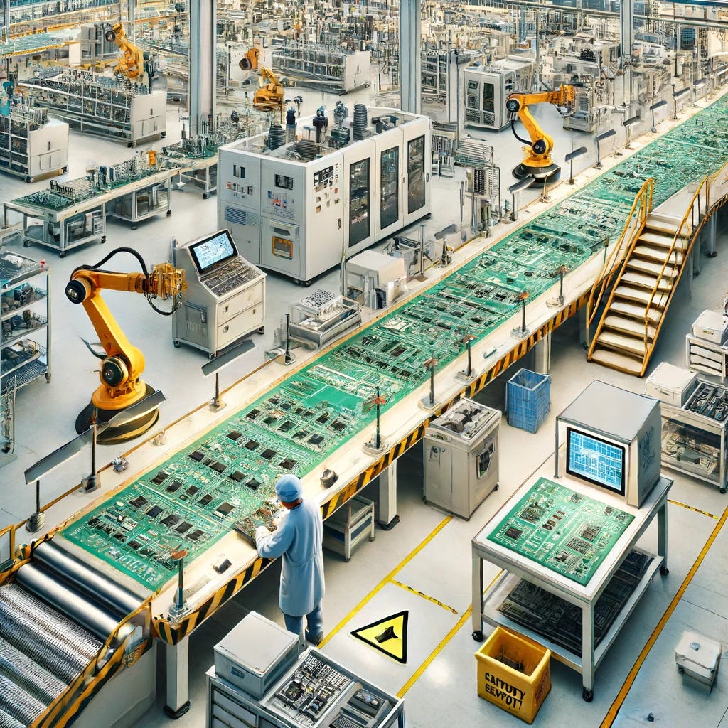 A detailed depiction of a printed circuit board (PCB) manufacturing process in a high-tech facility with fewer machines. The scene includes some automated machinery and a couple of robotic arms placing components on the PCBs, with workers monitoring the production line. There are conveyor belts with PCBs moving through various stages of assembly, including soldering and inspection. The facility is well-lit with a clean and organized environment, showcasing advanced technology and precision in manufacturing. Safety signs and labels are visible throughout the area.
