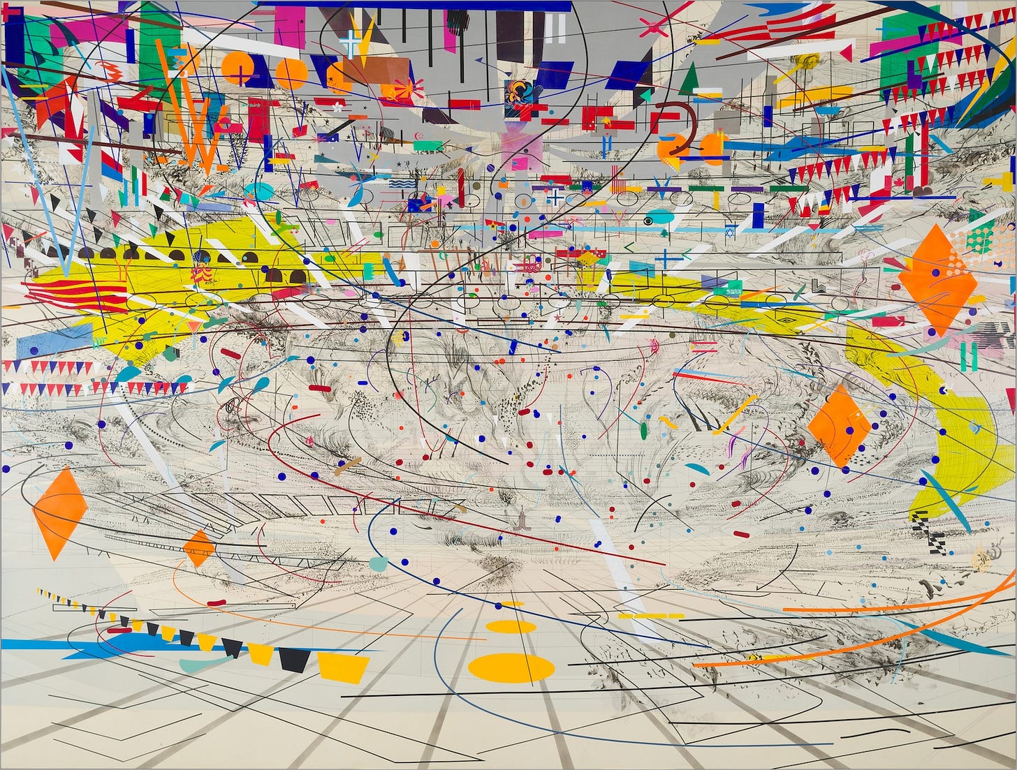 Julie Mehretu, Stadia II, 2004, ink and acrylic on canvas, 108 x 144 inches. The painting features a geography of black lines and colorful shapes informing the landscape.