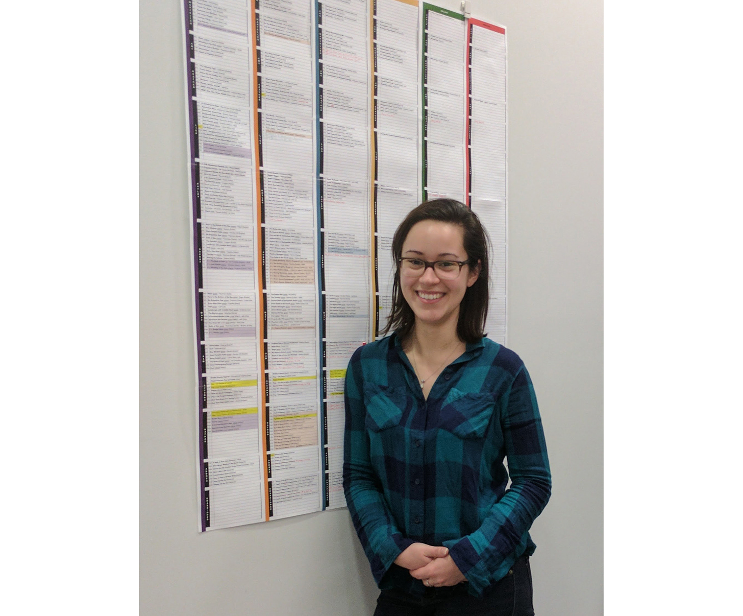 Jessica in 2017 standing in front of a huge print-out of a color-coded spreadsheet that's hung up on a wall