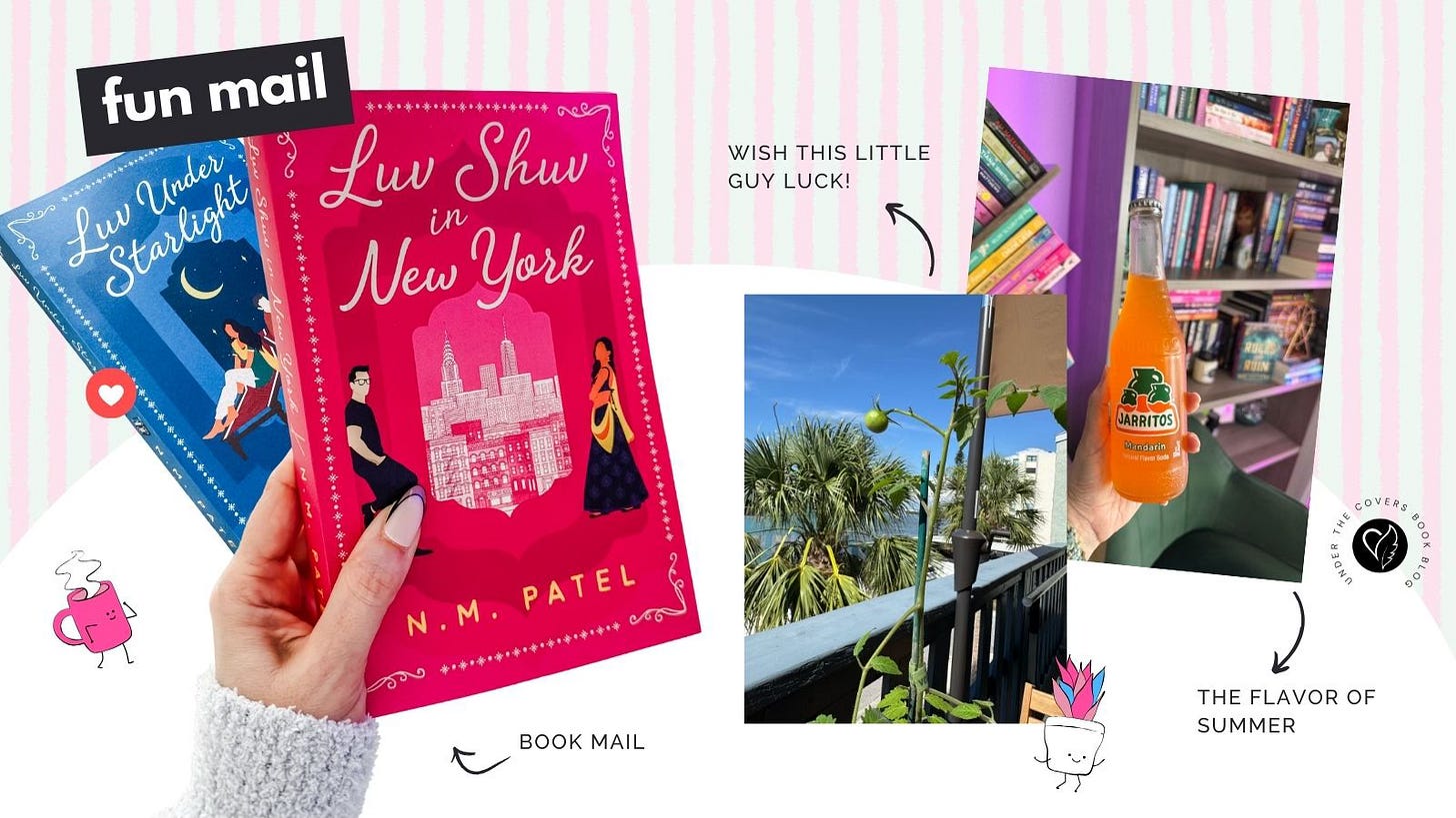 Collage of seasonal snapshots including book mail (“Luv Shuv in New York” and “Luv Under Starlight”), a small tomato plant on a balcony, a mandarin Jarrito soda in front of a colorful bookshelf, and palm trees under a blue sky. Text overlays say “Fun Mail,” “Wish this little guy luck,” and “The Flavor of Summer.” Collage of seasonal snapshots including book mail (“Luv Shuv in New York” and “Luv Under Starlight”), a small tomato plant on a balcony, a mandarin Jarrito soda in front of a colorful bookshelf, and palm trees under a blue sky. Text overlays say “Fun Mail,” “Wish this little guy luck,” and “The Flavor of Summer.”