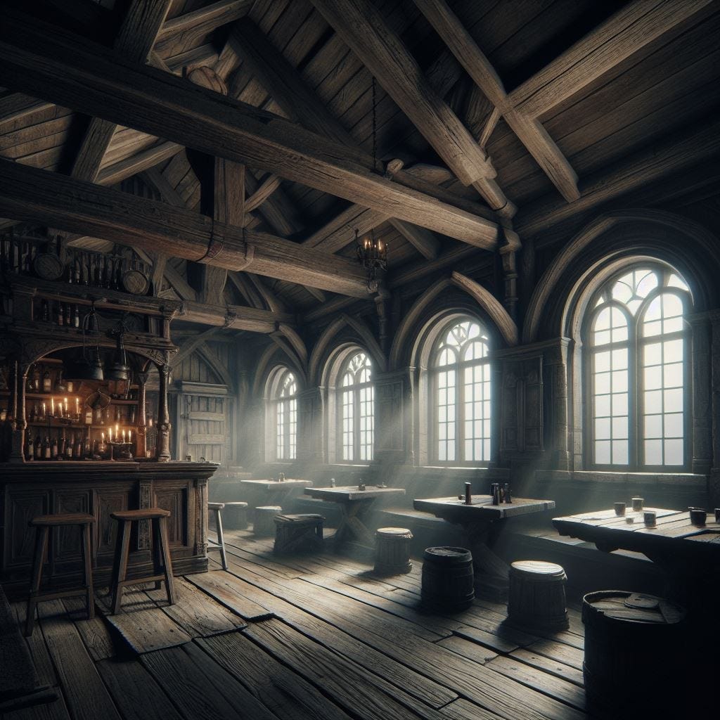 The old tavern had low ceilings of heavy wood. The windows on the far side were dark gray betraying the coming dawn