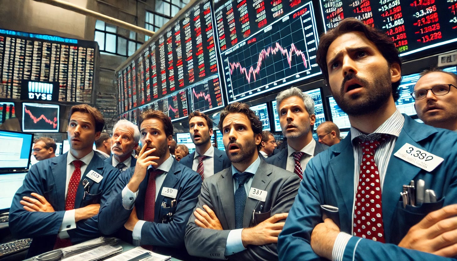 A group of traders on the trading floor, wearing suits, displaying concerned but slightly restrained expressions. Their chattering teeth are subtly visible to emphasize their worry about market volatility. Large digital stock ticker screens in the background show red numbers and downward-trending graphs. Some traders are discussing with colleagues, others are looking at screens with furrowed brows. The atmosphere is tense but not overly exaggerated.