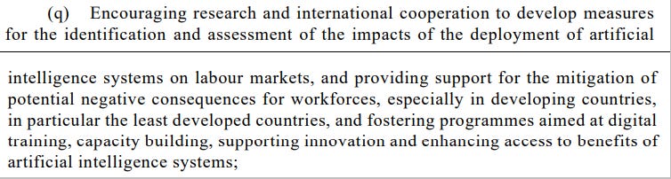 Snippet from the UN resolution on AI showing the context of the labor market impacts