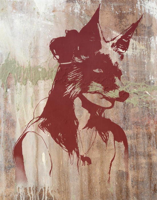 Drawing of a teenage girl wearing a realistic fox mask that covers the upper half of her head