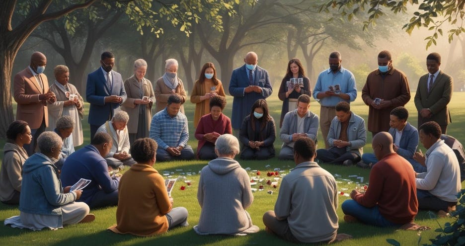 A group of people of various ethnicities gathered in a leafy park, clutching pictures of their loved ones and peacefully thinking of them.