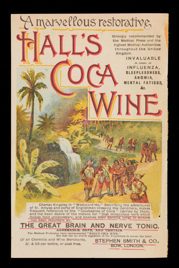 The front of a leaflet for Hall's Wine, with an illustration of conquistadors talking to a group of indigenous people with jungle and a waterfall behind them.