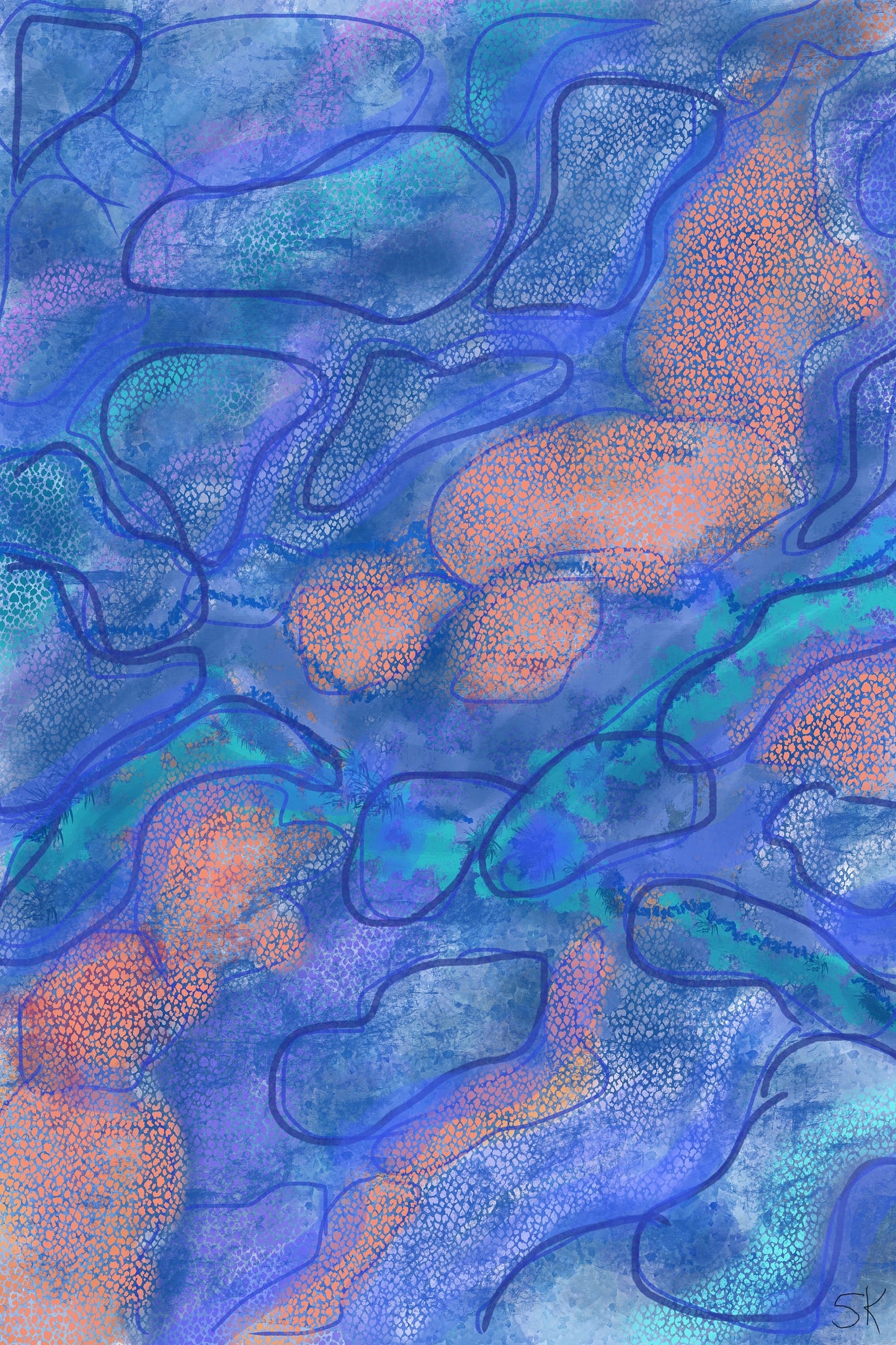 Sherry Killams abstract painting of blue and pink river rocks in a stream.