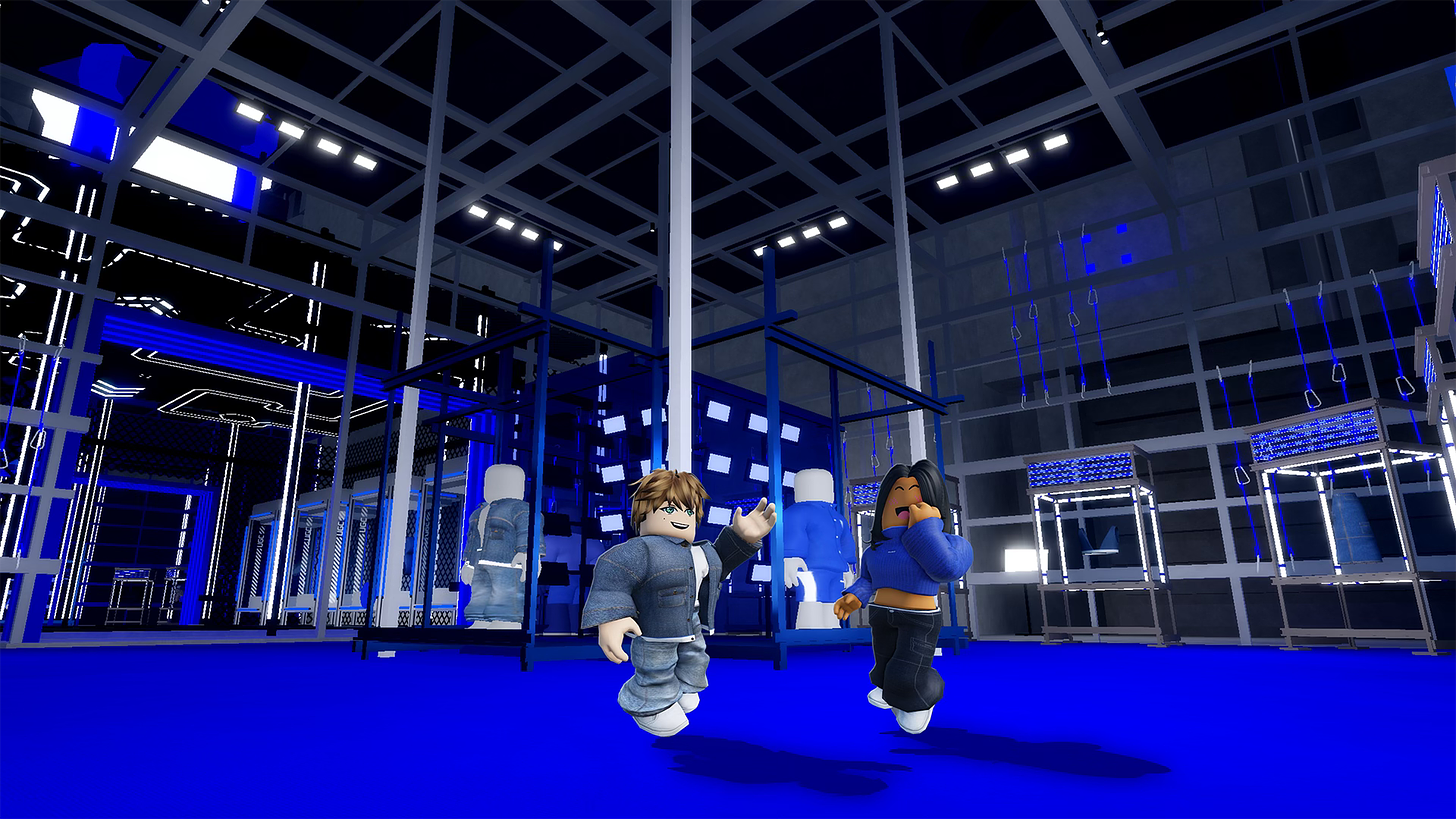 Two Roblox avatars in a Hugo Boss-themed virtual store in the Planet Hugo Roblox experience