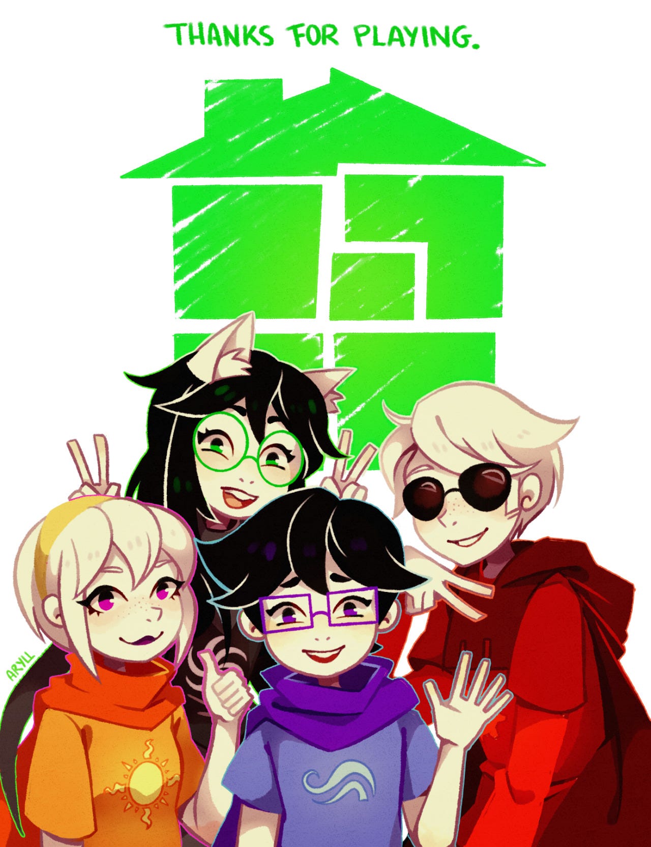 Fan illustration that says: "Thanks for playing" with the Homestuck green house logo and the four Homestucks kids waving goodbye