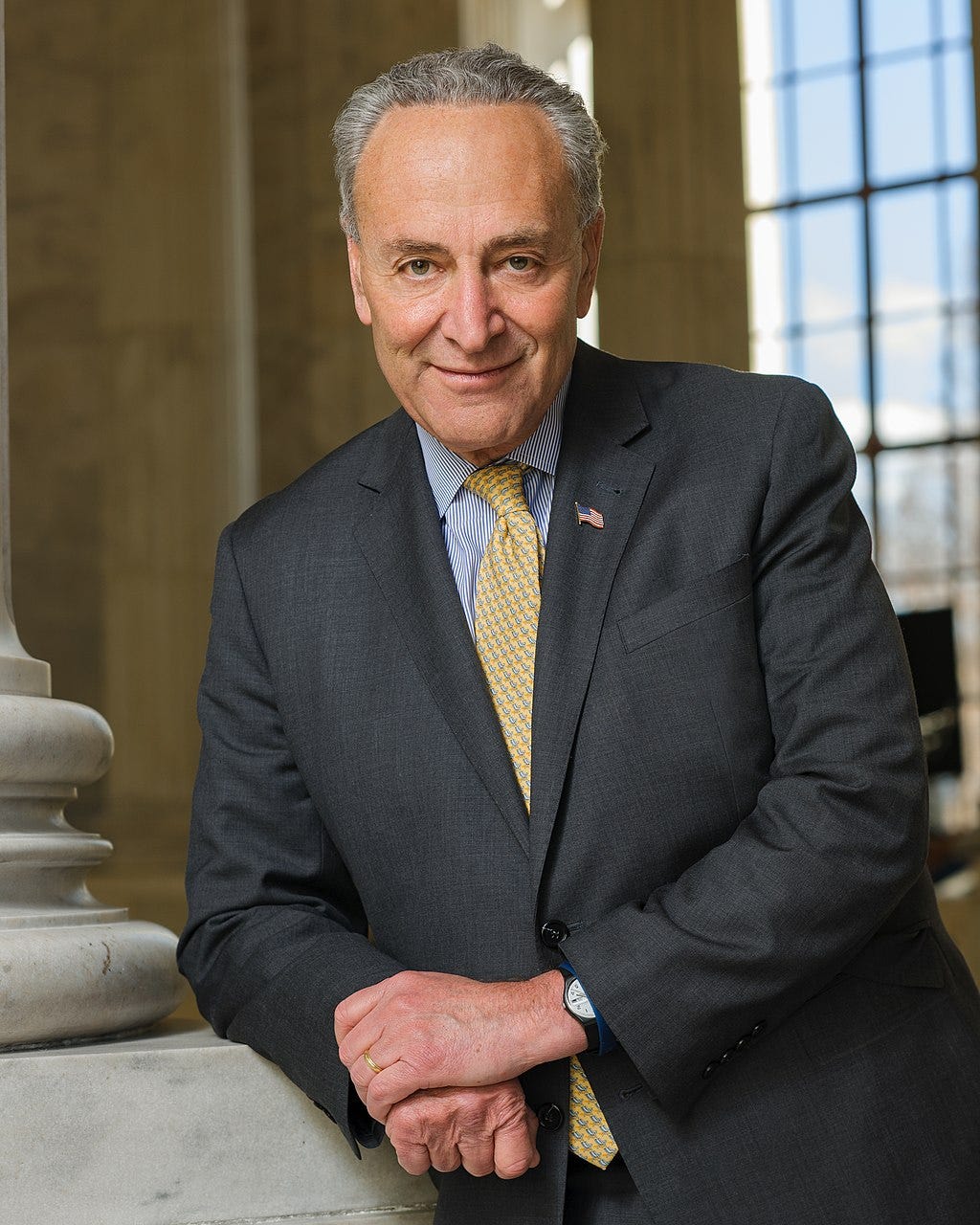 Schumer leaning on a column in a suit