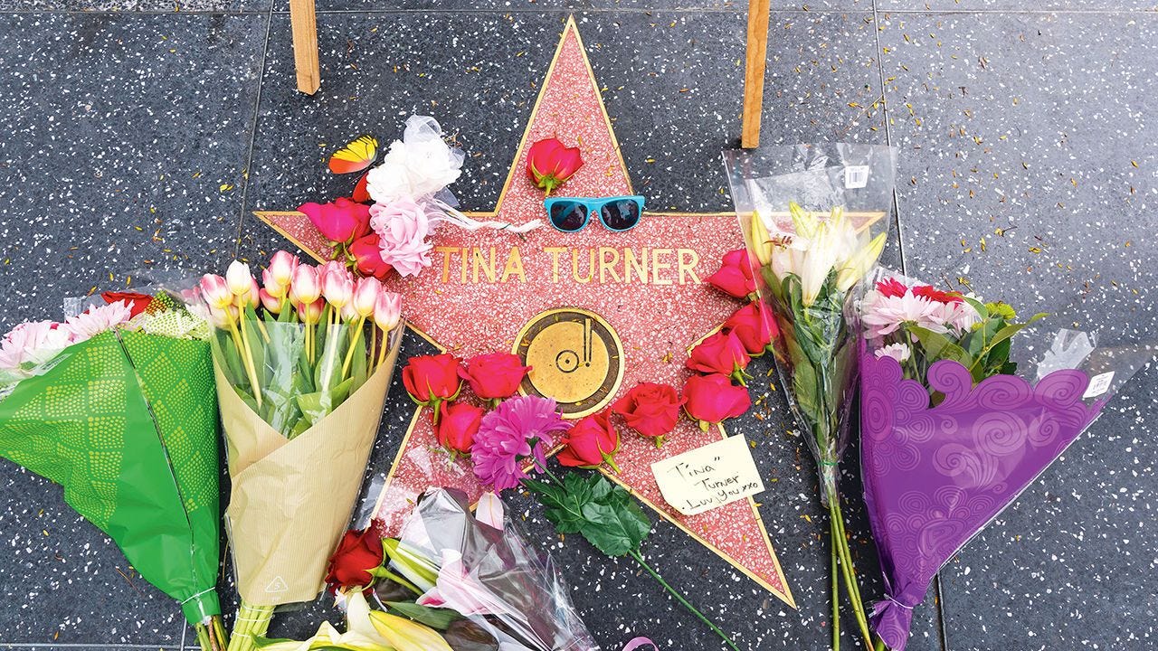 Flowers on Tina Turner’s Hollywood Walk of Fame star, 2023.