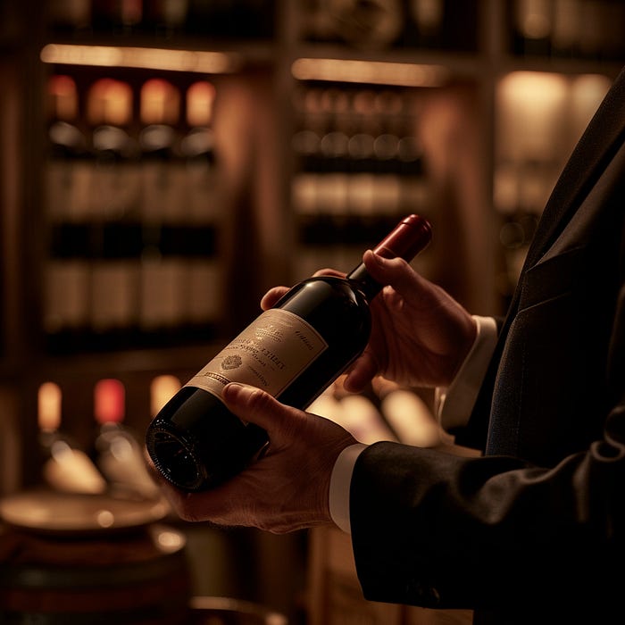 A person in a formal suit holding out a recommendation of a specific wine