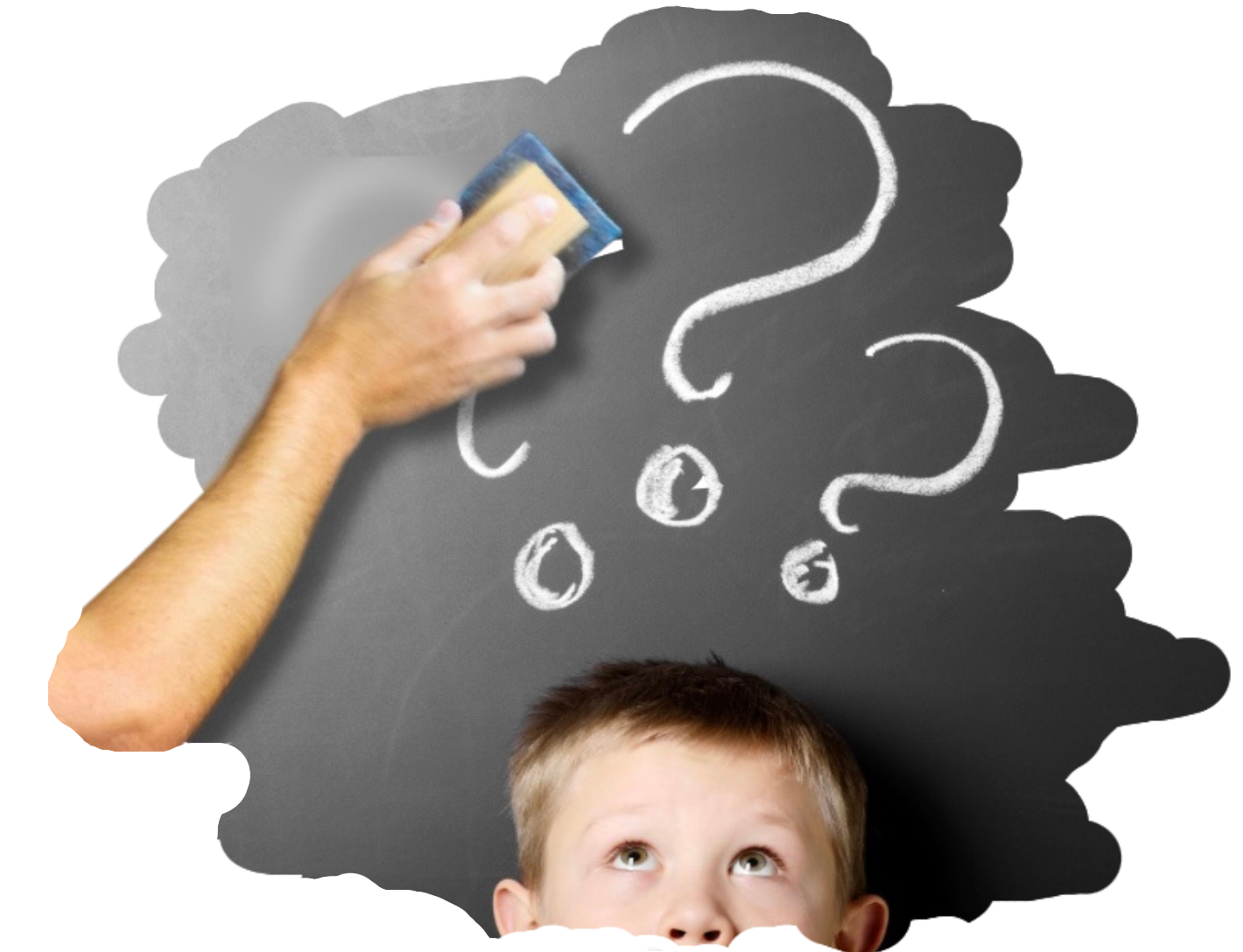 A boy against a black board with three question marks drawn on it over his head. A hand is erasing the question marks