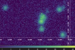 X-ray data gathered by the Chandra telescope from the center of M31, highlighting the four nuclear sources — S1, SSS, N1, and P2. P2 corresponds to the position of the supermassive black hole at the center of the Andromeda galaxy.