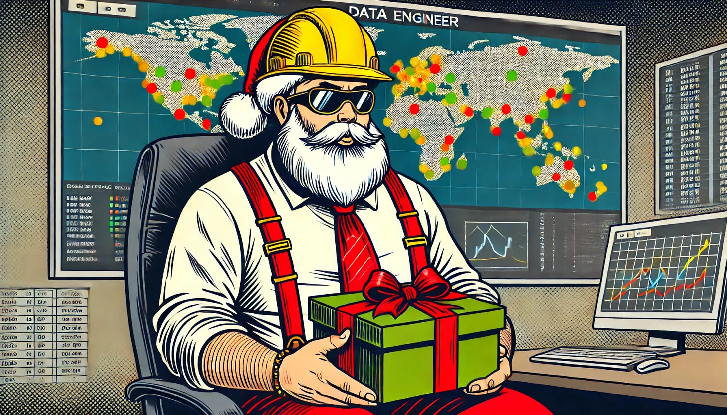 A retro comic-style illustration of a chubby data engineer with a white beard, wearing a yellow safety helmet topped with a red and white Christmas hat. He is seated in an office chair, holding a Christmas present box in his hands. The background features an interactive world map displayed on a large screen on the wall, with blinking dots representing activity in various locations around the world. The illustration features bold black outlines, vibrant flat colors, and high-contrast shading, evoking the nostalgic and dynamic feel of vintage comics.