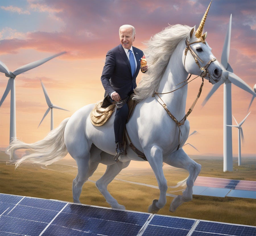 Joe Biden enjoys an ice cream cone as he rides a unicorn through a solar farm, with wind turbines in the background