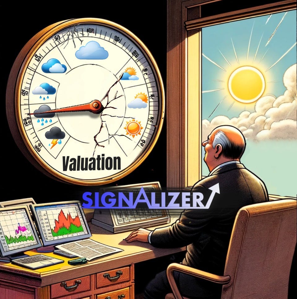 Cartoon: An investor at a desk beside a bright sunny sky looks at a valuation barometer stuck on stormy.