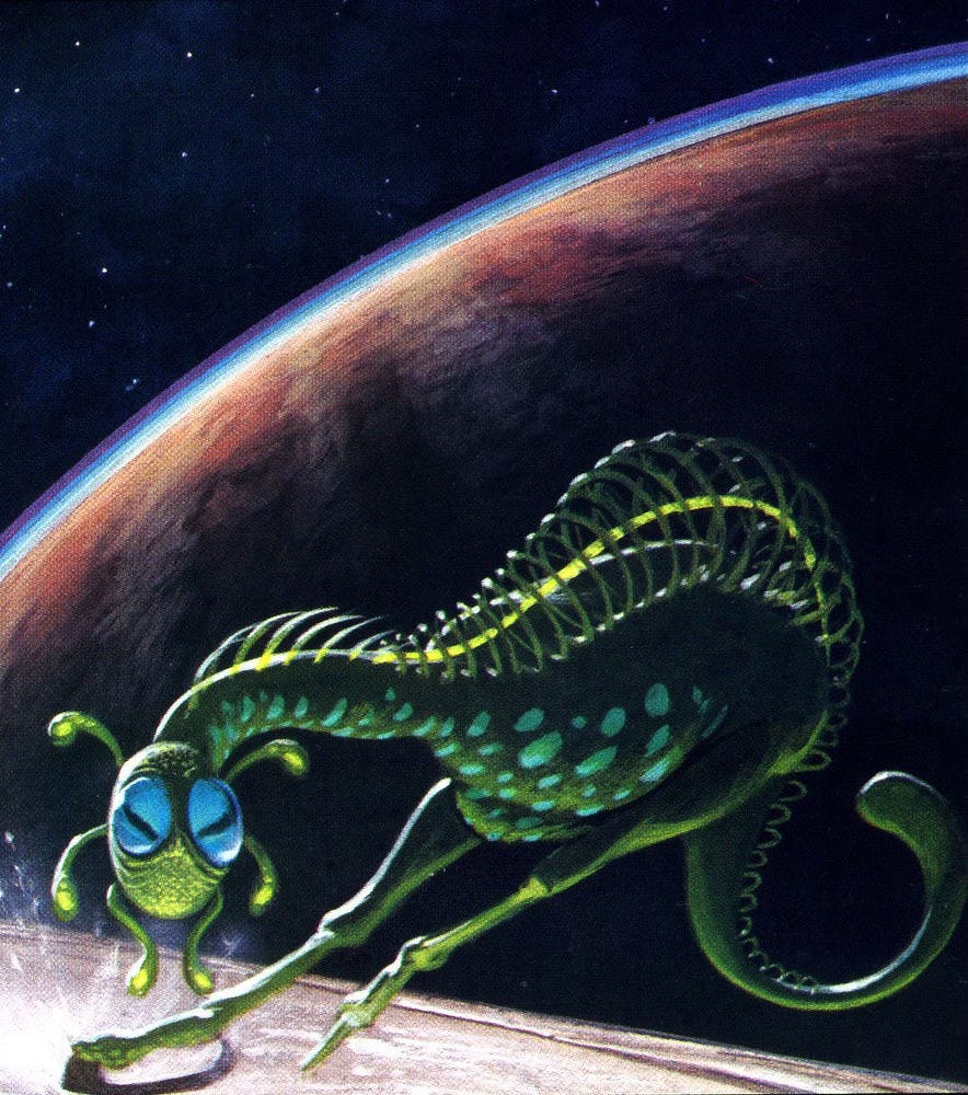 Skating on the surface of Europa with Jupiter looming behind, a green skinned Brinker-Roo slits bulbous eyes and focuses face tentacles forward as it tilts in an aggressive turn. It has no arms and finds balance in the arc of a long spotted neck and an aft heavy with meaty thighs and bony lower legs that end in skate blades. A spiral formation on its back stretches like a Slinky. Behind, its blunt tipped tail curls upward.