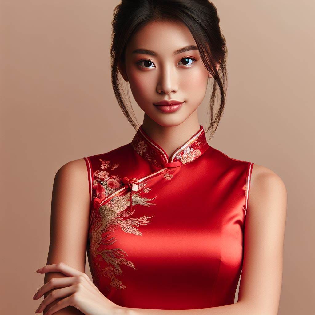 a young athletic intelligent beautiful short haired flat chested alluring feminine Chinese woman wearing a red qipao full she has perfect symmetrical fine features flawless natural makeup soft lighting, high quality professional photograph soft focus highly detailed perfect flawless wonderful. 