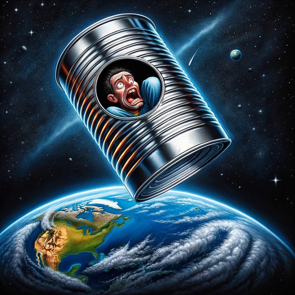 A funny cartoon of a person stuck in a tin can above Earth in space. The image shows a humorous scene where the person, appearing bewildered and cramped, is squeezed inside a small, tin can-shaped spacecraft. The Earth is visible in the background, beautifully detailed and colorful, contrasting with the black vastness of space. The tin can is comically inadequate for space travel, adding to the humor of the situation. The facial expression of the person is exaggerated to enhance the comedic effect. The image captures the absurdity and playfulness of the scenario.