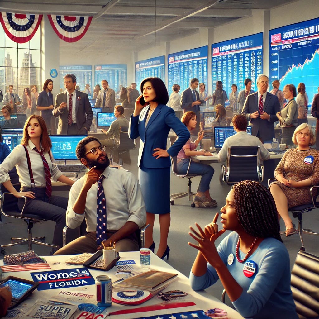 A bustling Democratic campaign headquarters in a large open-plan office in New York City. The foreground features a diverse group of individuals. A middle-aged Black woman, a former tech executive turned super PAC founder, is animatedly discussing strategies on a phone, surrounded by campaign paraphernalia related to women's rights. In the mid-ground, a group of young volunteers of various ethnicities gather around a table filled with campaign materials and digital devices. An older White female insurance executive from Florida speaks persuasively with a group, dressed in professional attire. A Hispanic man in his thirties stands apart, looking thoughtfully out a window, reflecting his disillusionment. The office is filled with digital screens displaying graphs and maps tracking polling data, illustrating the strategic efforts to navigate the shifting political landscape. The atmosphere is dynamic but tense, capturing the complex emotions within the party at a crossroads.