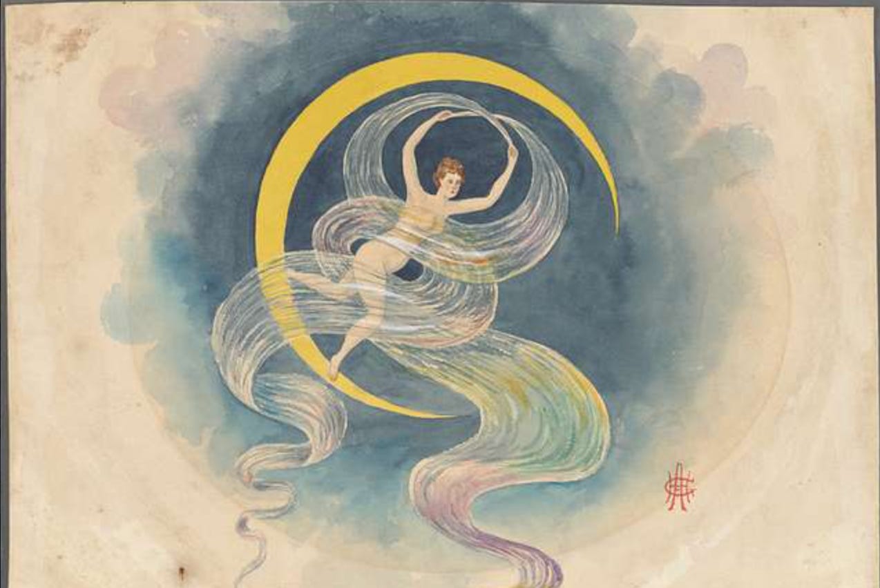 A woman in sheer fabric floats inside a crescent moon. French painting from the 1800s.