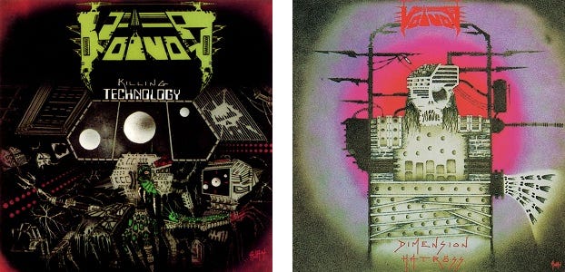 Album covers for Killing Technology and Dimension Hatross by Voivod, both of which feature distinctive futuristic artwork