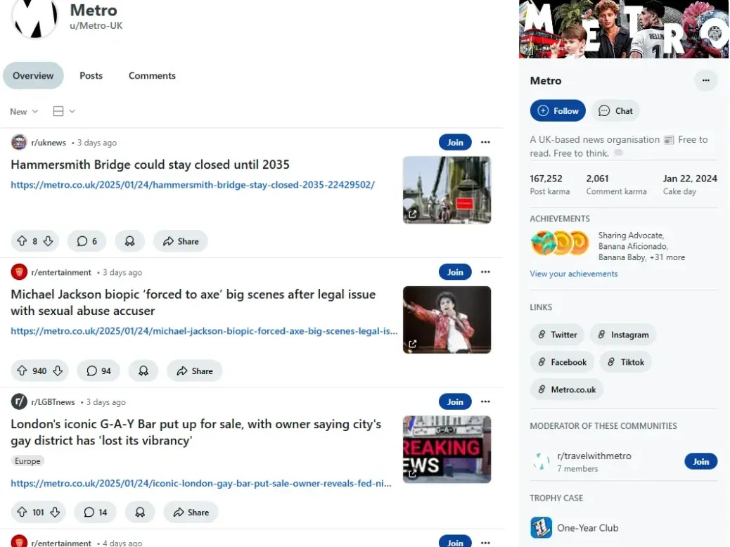 Screenshot of Metro's Reddit user profile on 27 January 2025
