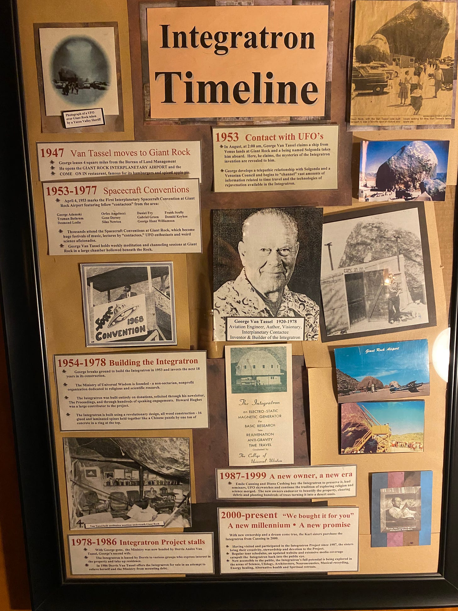Pictures and cut-outs line a wall, showing the history of Van Tassel and the Integratron.