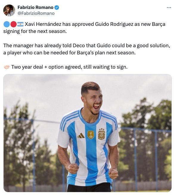 A tweet by Fabrizio Romano on Barcelona agreeing a deal to sign Guido Rodriguez