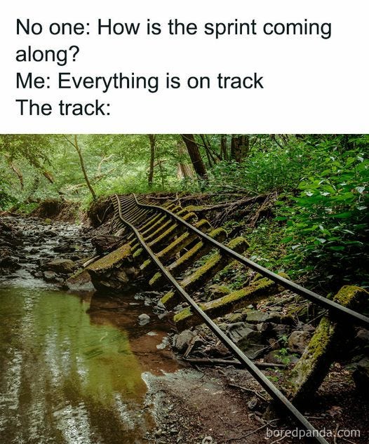 May be an image of outdoors and text that says 'No one: How is the sprint coming along? Me: Everything is on track The track: boredpanda.com'