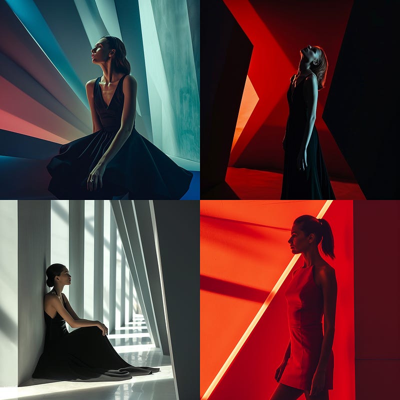 Four images with Female models in places with geometrical architecture