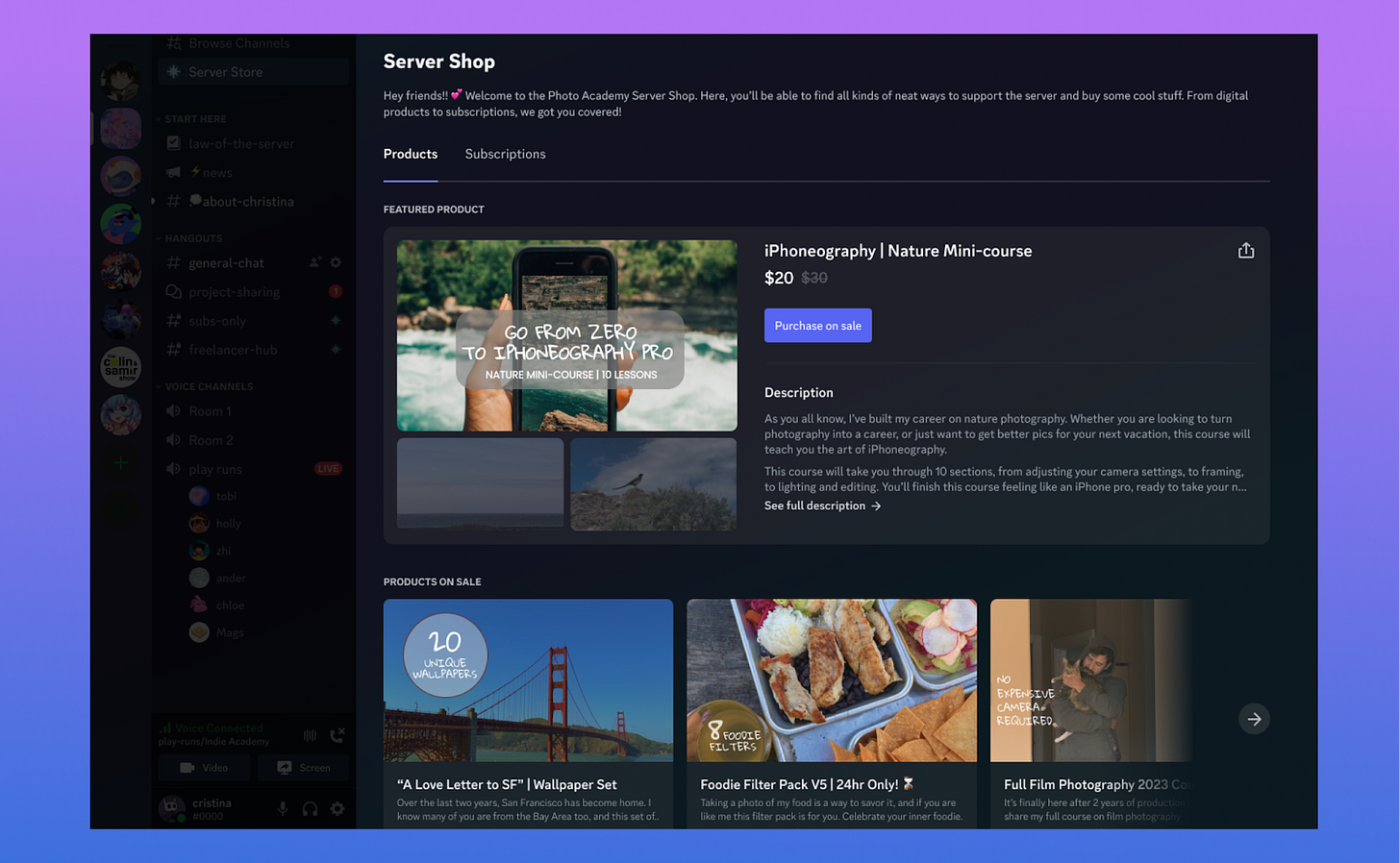 A preview of the Server Shop feature. This example shop includes mini-coures, filters and wallpaper sets for one-time purchases sold directly within Discord.Image