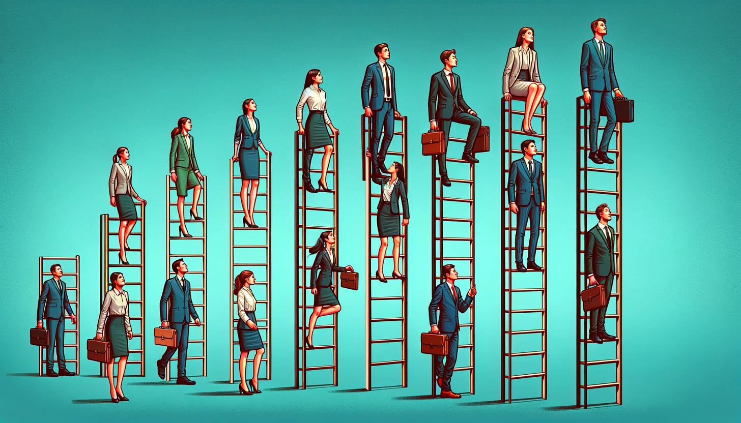 Create an image depicting various people climbing ladders arranged in a row against a teal background. Each ladder should represent a 'corporate ladder', with people dressed in business attire such as suits, pencil skirts, dress shirts, and smart casual wear. The individuals should be at different heights on the ladders, symbolizing different levels of progress in their corporate careers. Some individuals are to be depicted higher up, while others are just beginning their ascent. The people should have focused, determined expressions on their faces, highlighting their ambition and dedication. The overall atmosphere should be competitive yet orderly, with a clear sense of upward movement.