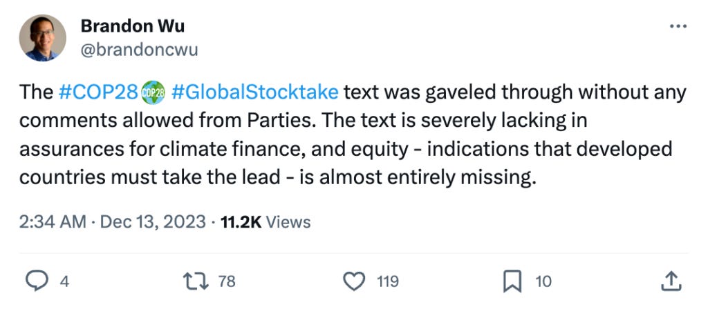 Brandon Wu on X: COP28 Global stocktake text gaveled through.