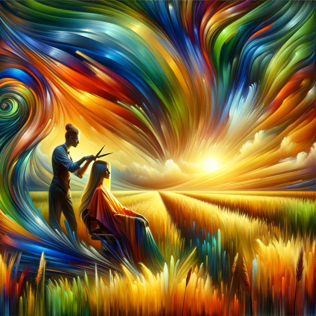 Imagine a surreal and abstract painting of a hairdresser cutting a woman's hair in a vast, open field. The scene is bathed in the warm light of a setting sun, casting long shadows and enriching the colors of the grass and sky with golden hues. The hairdresser and the woman are the focal points, surrounded by an array of vibrant, exaggerated colors that blend into each other, creating a dreamlike atmosphere. The hairdresser is depicted in a stylized manner, with scissors in hand, focusing intently on the task. The woman sits calmly, her hair flowing and merging with the abstract patterns of the landscape, symbolizing a connection with nature. This abstract representation emphasizes emotion and mood over realistic details, using bold brush strokes and a vivid color palette.